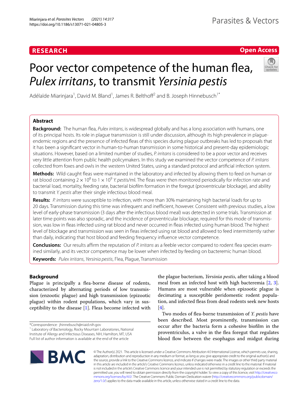 Poor Vector Competence of the Human Flea, Pulex Irritans, to Transmit Yersinia Pestis