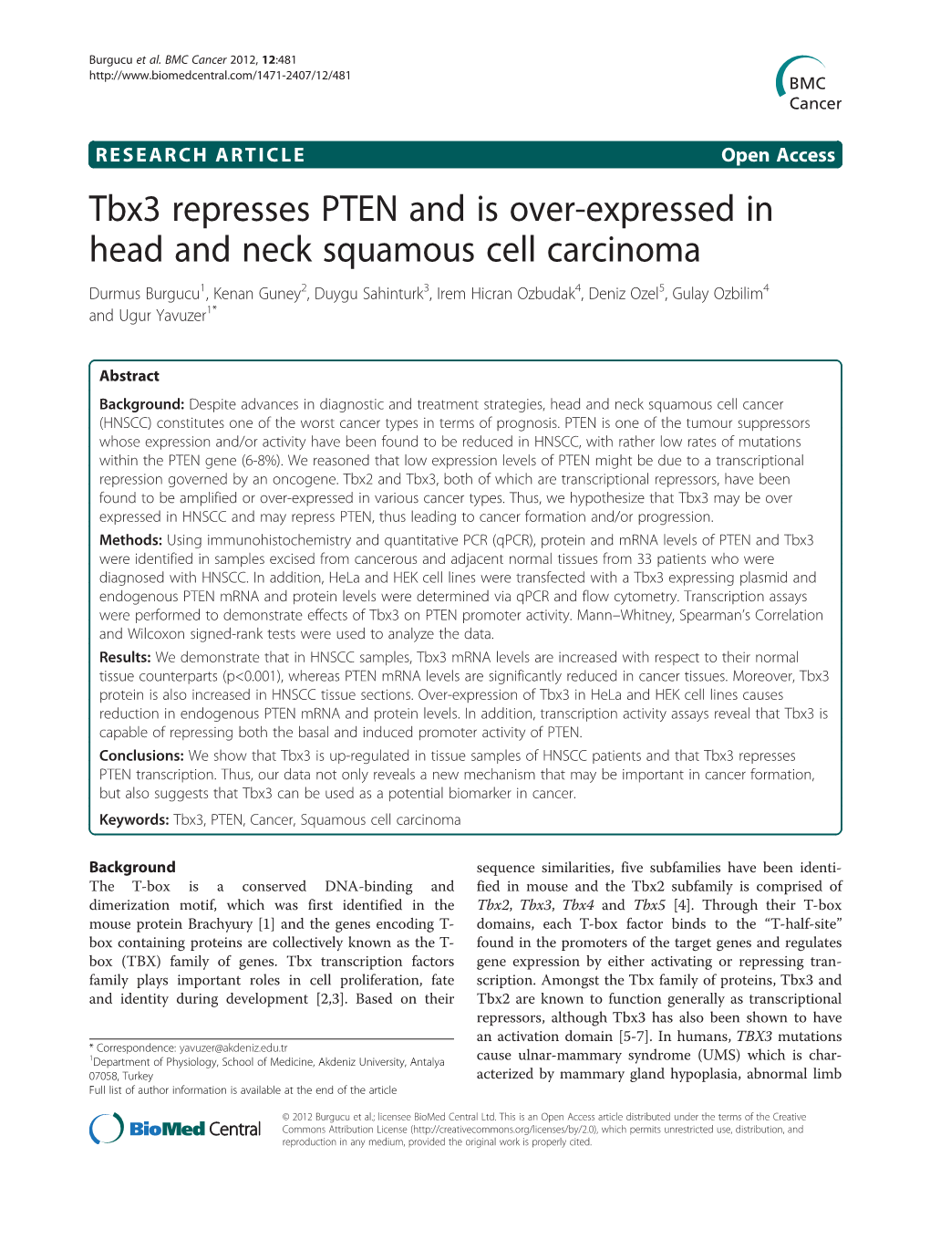 Tbx3 Represses PTEN and Is Over-Expressed in Head and Neck