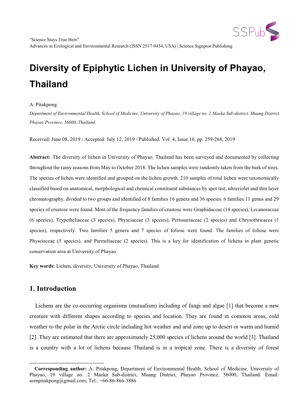 Diversity of Epiphytic Lichen in University of Phayao, Thailand