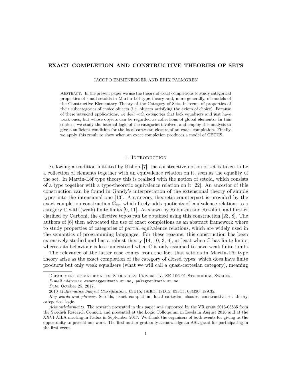 Exact Completion and Constructive Theories of Sets