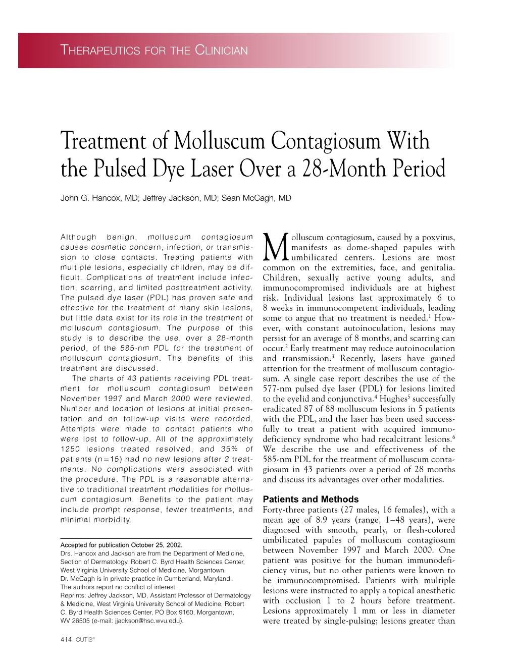 Treatment of Molluscum Contagiosum with the Pulsed Dye Laser Over a 28-Month Period