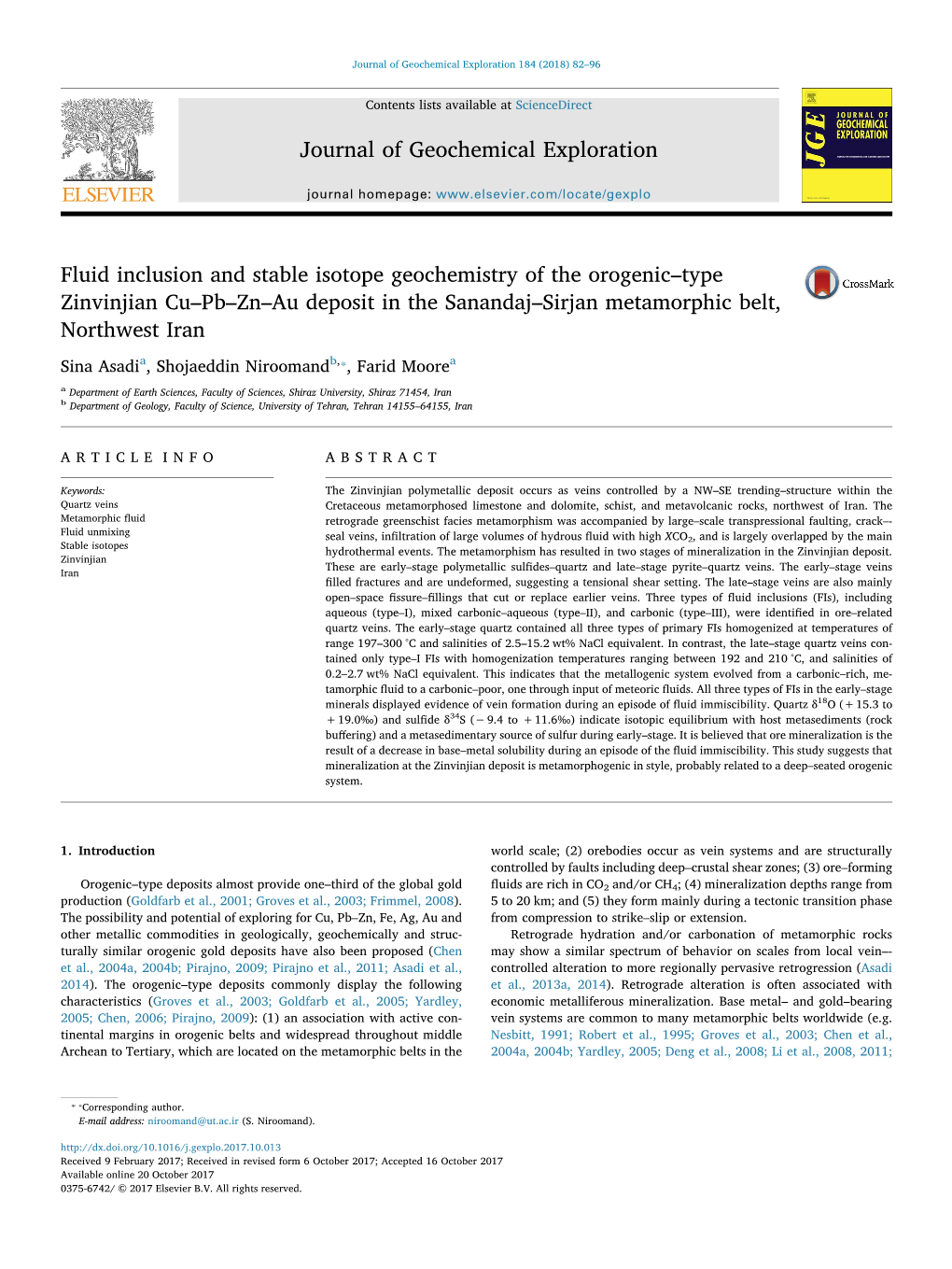 Fluid Inclusion and Stable Isotope Geochemistry of the Orogenic–Type MARK Zinvinjian Cu–Pb–Zn–Au Deposit in the Sanandaj–Sirjan Metamorphic Belt, Northwest Iran