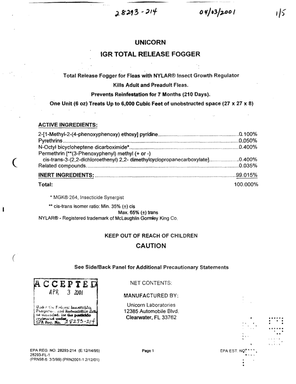 U.S. EPA, Pesticide Product Label, UNICORN IGR TOTAL RELEASE