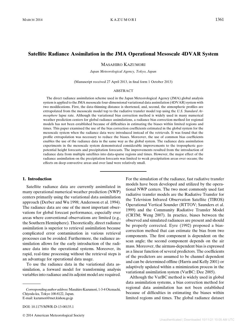 Satellite Radiance Assimilation in the JMA Operational Mesoscale 4DVAR System