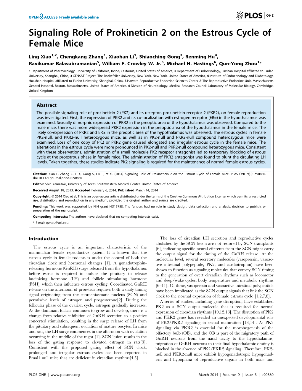 Signaling Role of Prokineticin 2 on the Estrous Cycle of Female Mice