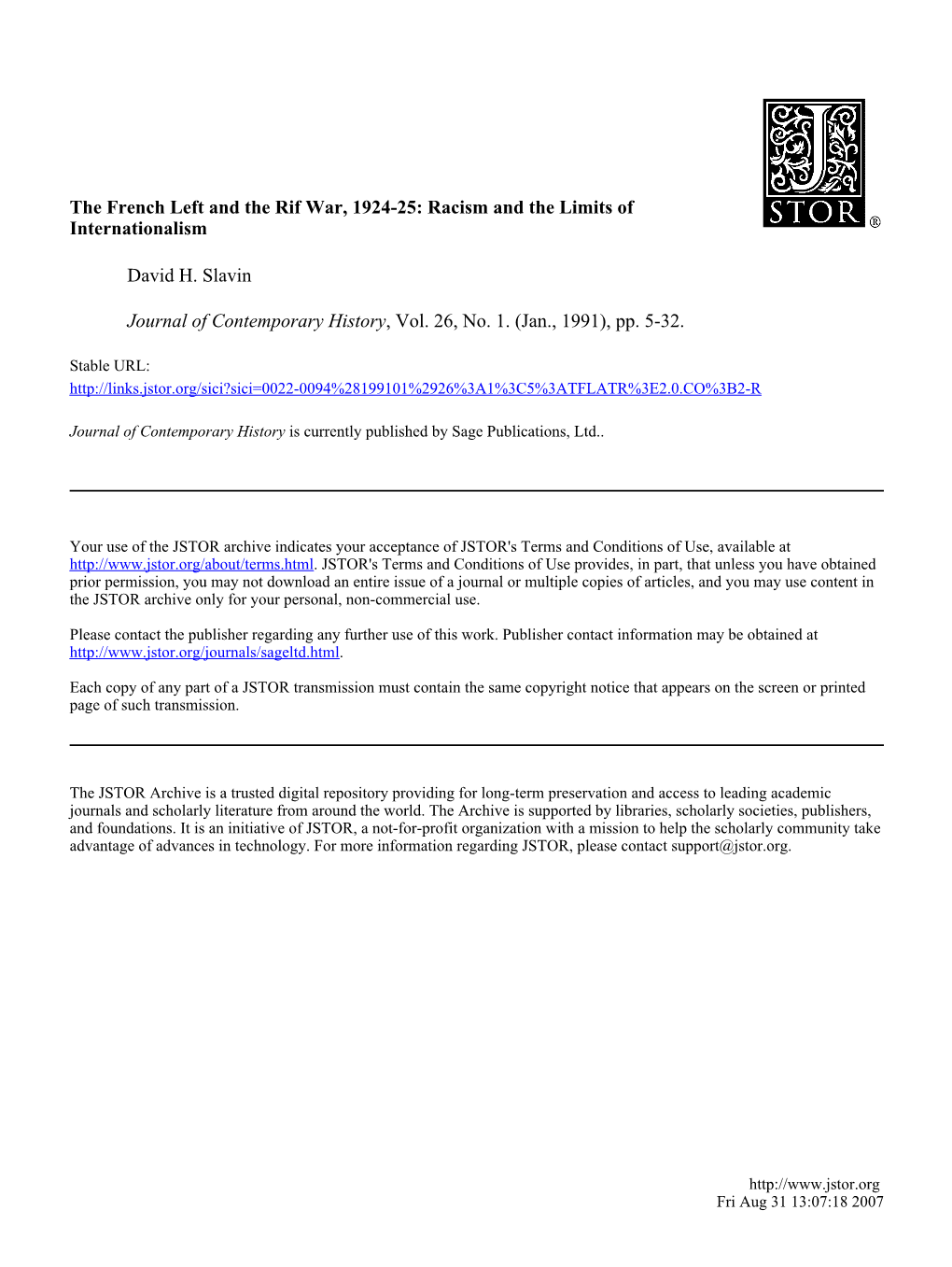 The French Left and the Rif War, 1924-25: Racism and the Limits of Internationalism David H. Slavin Journal of Contemporary Hist