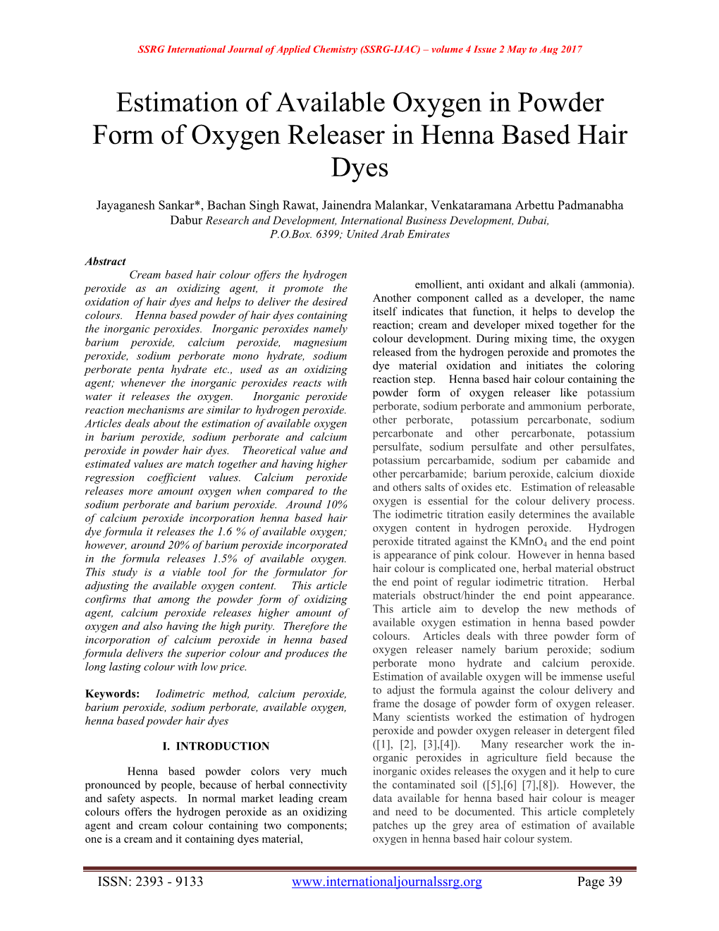 Estimation of Available Oxygen in Powder Form of Oxygen Releaser in Henna Based Hair Dyes