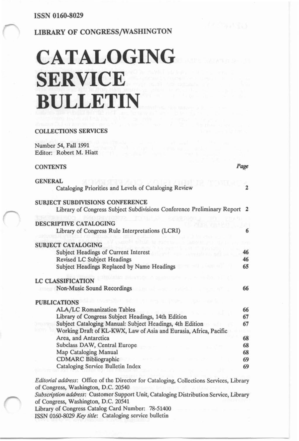 Cataloging Service Bulletin 054, Fall 1991