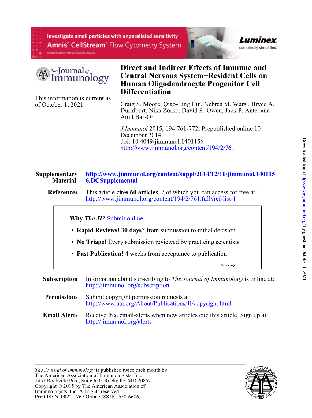 Differentiation Human Oligodendrocyte Progenitor Cell Resident Cells on − Central Nervous System Direct and Indirect Effects O