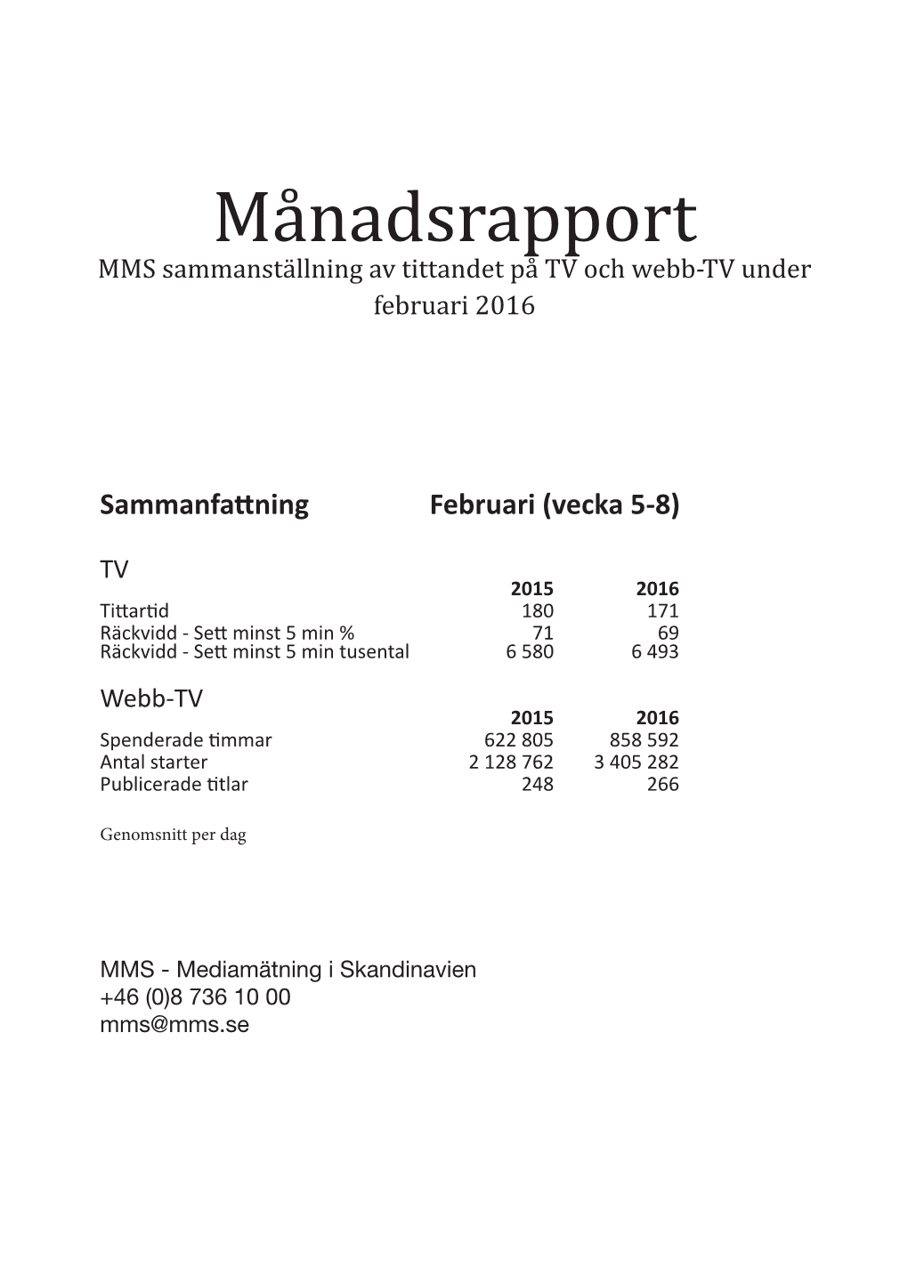 Månadsrapport MMS Sammanställning Av Tittandet På TV Och Webb-TV Under Februari 2016