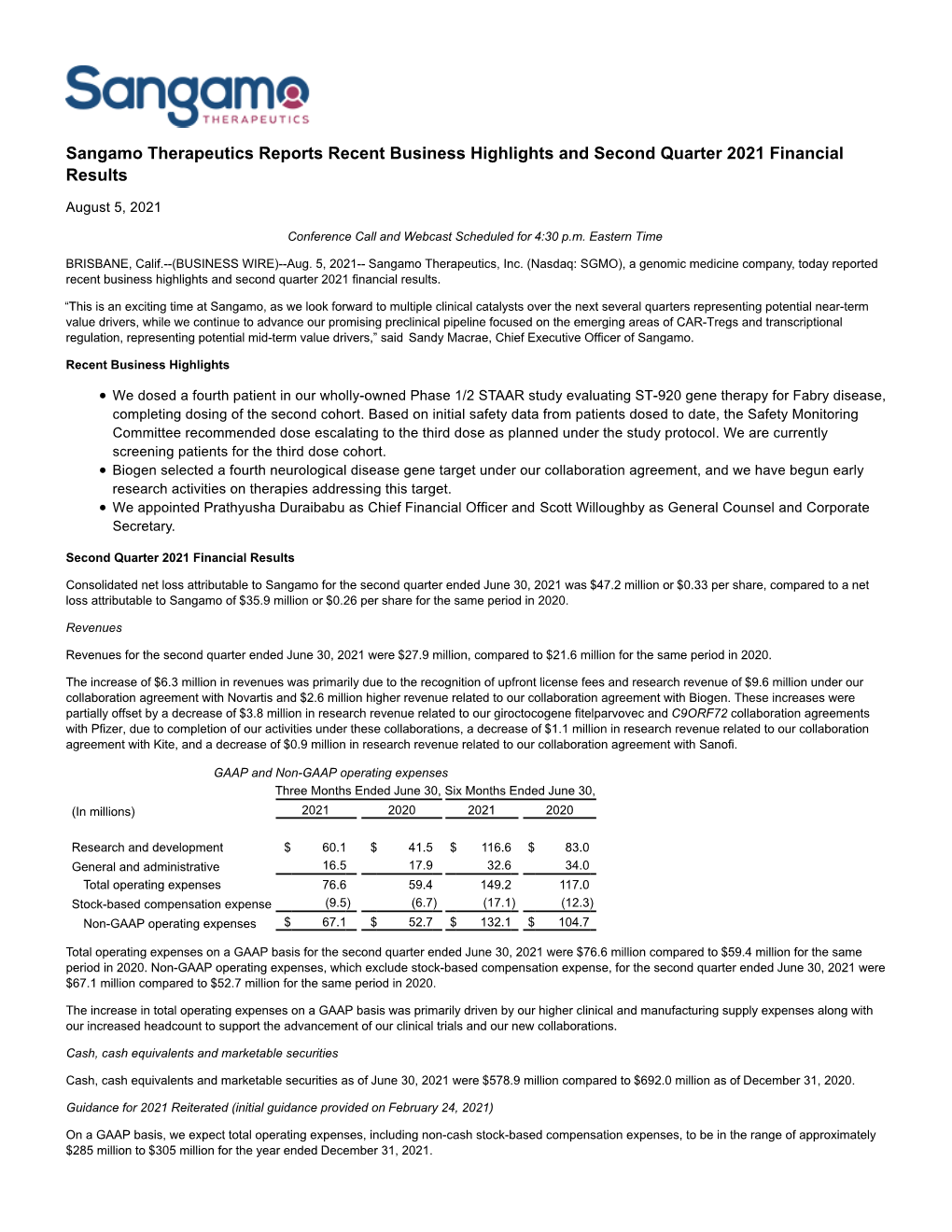 Sangamo Therapeutics Reports Recent Business Highlights and Second Quarter 2021 Financial Results