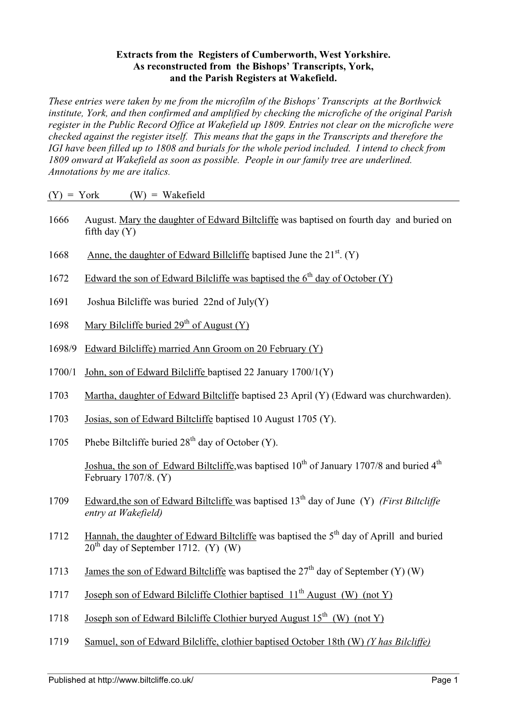 Extracts from the Registers of Cumberworth, West Yorkshire