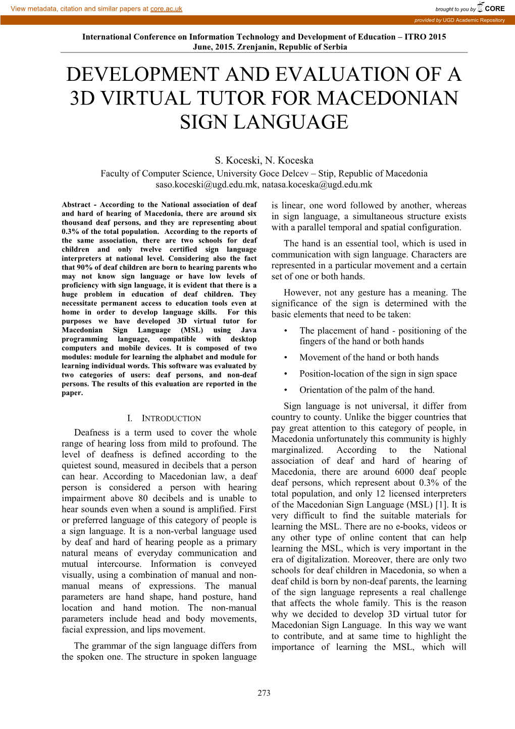 Development and Evaluation of a 3D Virtual Tutor for Macedonian Sign Language