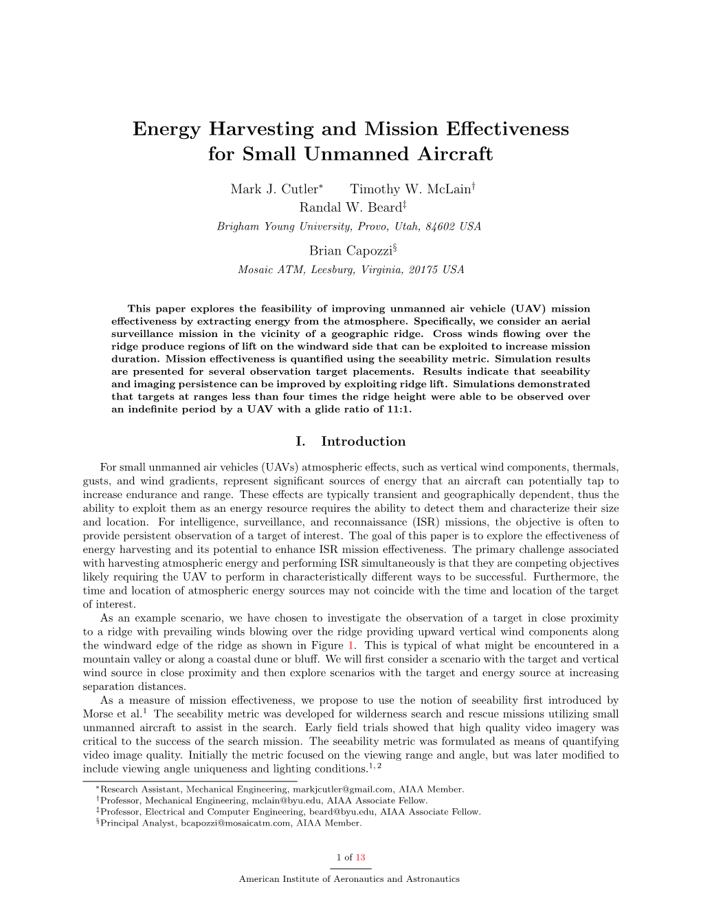 Energy Harvesting and Mission Effectiveness for Small Unmanned Aircraft