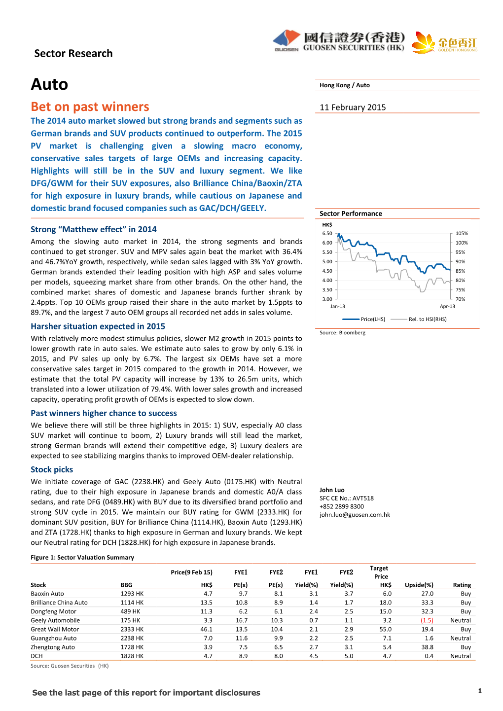 Bet on Past Winners 11 February 2015 the 2014 Auto Market Slowed but Strong Brands and Segments Such As