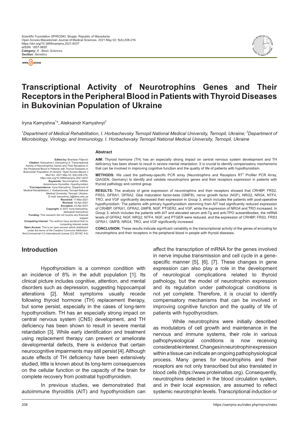 Transcriptional Activity of Neurotrophins Genes and Their Receptors in the Peripheral Blood in Patients with Thyroid Diseases in Bukovinian Population of Ukraine