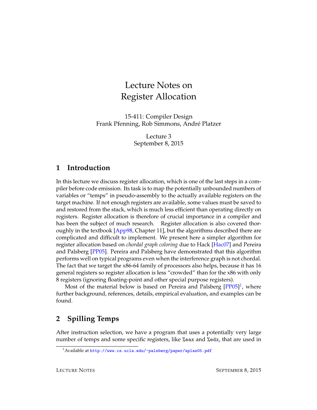 Lecture Notes on Register Allocation