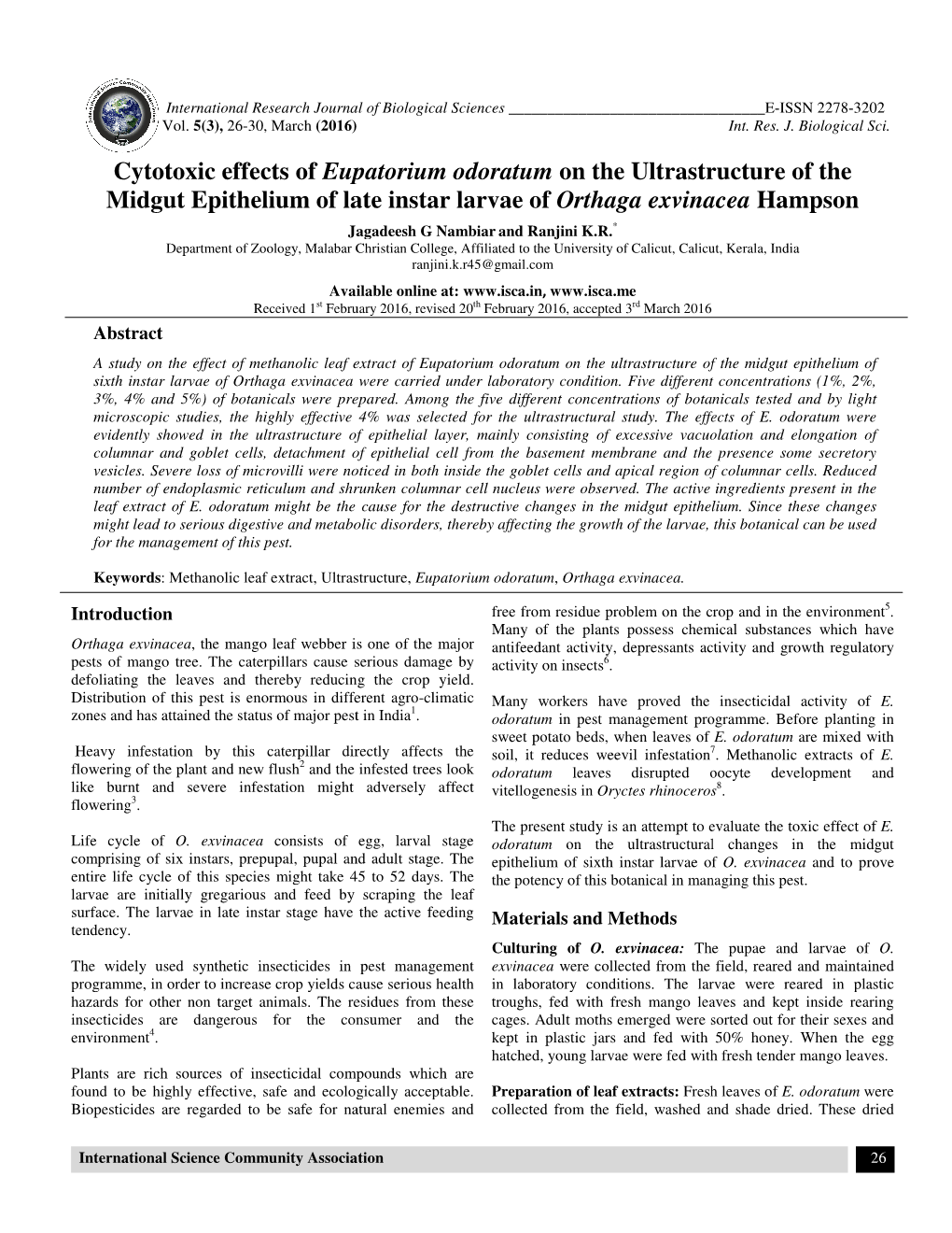 Cytotoxic Effects of Eupatorium Odo Midgut Epithelium of Late Instar Lar