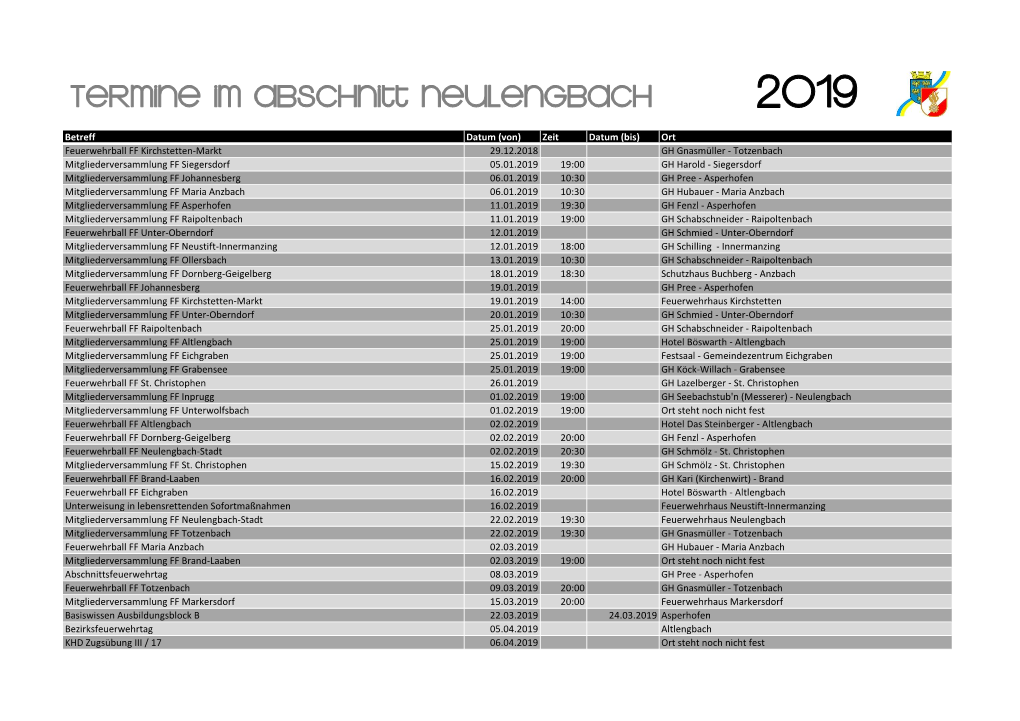 Termine Im Abschnitt Neulengbach 2019