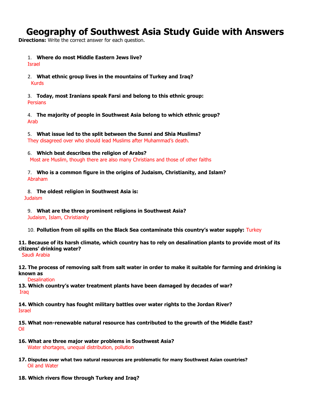 Geography of Southwest Asia Study Guide with Answers