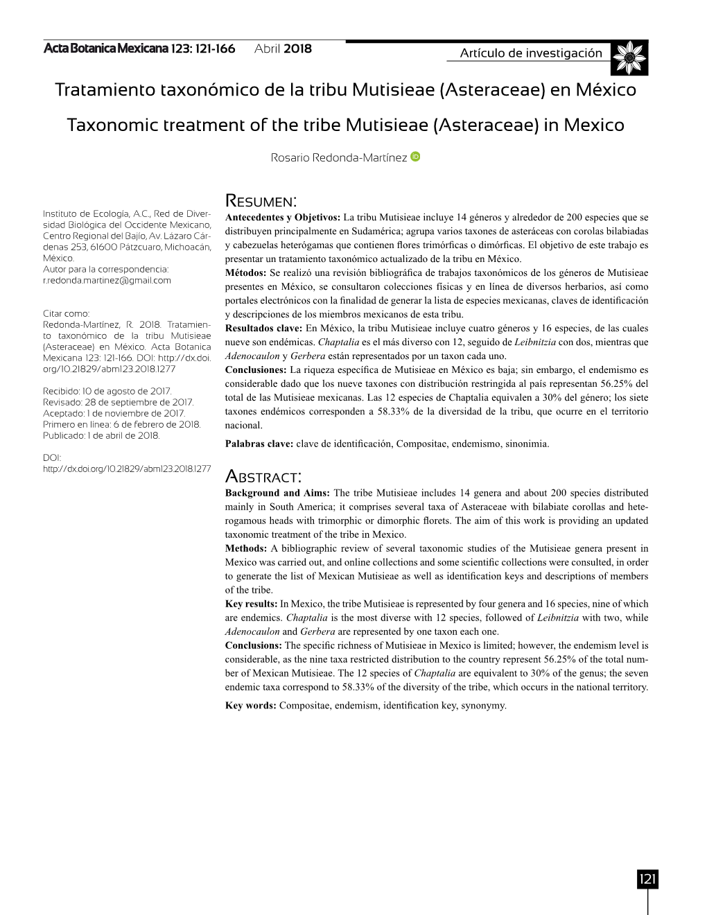 Tratamiento Taxonómico De La Tribu Mutisieae (Asteraceae) En México Taxonomic Treatment of the Tribe Mutisieae (Asteraceae) in Mexico