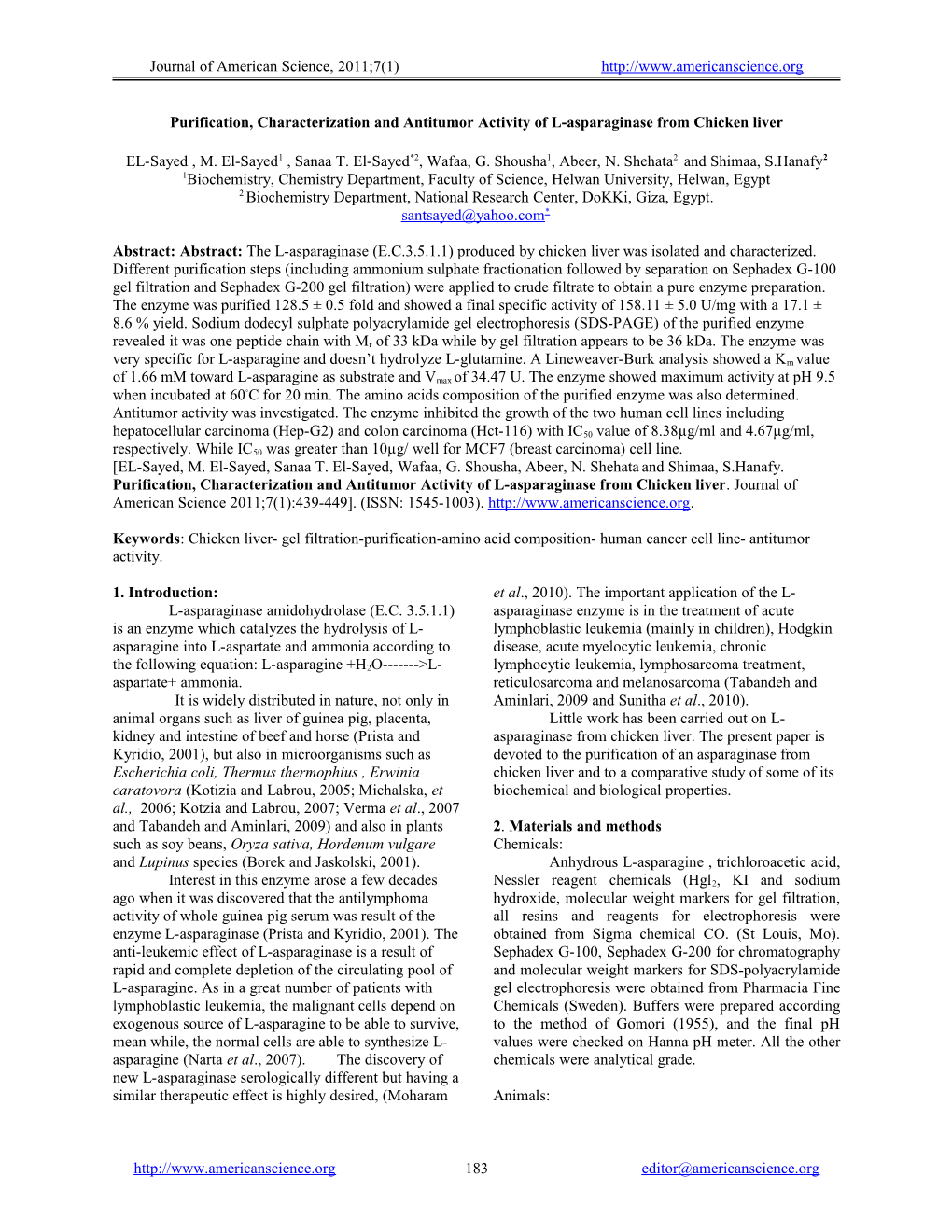 Purification, Characterization and Antitumor Activity of L-Asparaginase from Chicken Liver