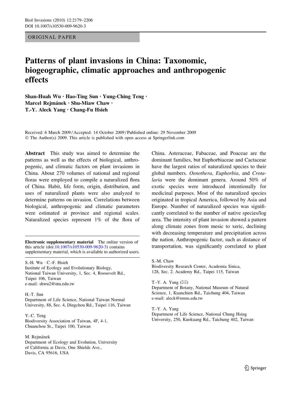 Patterns of Plant Invasions in China: Taxonomic, Biogeographic, Climatic Approaches and Anthropogenic Effects