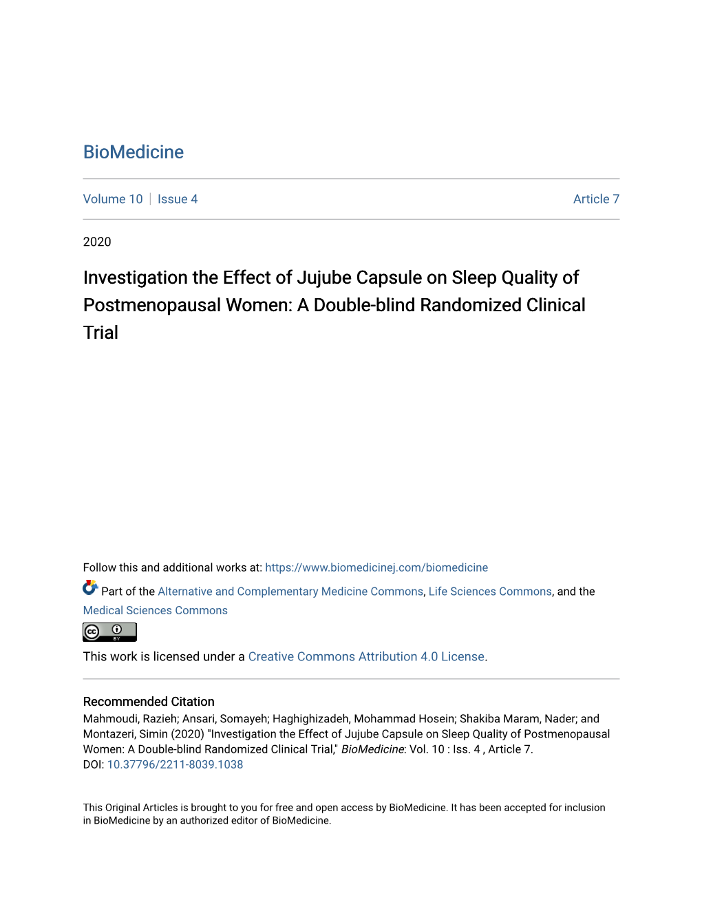 Investigation the Effect of Jujube Capsule on Sleep Quality of Postmenopausal Women: a Double-Blind Randomized Clinical Trial