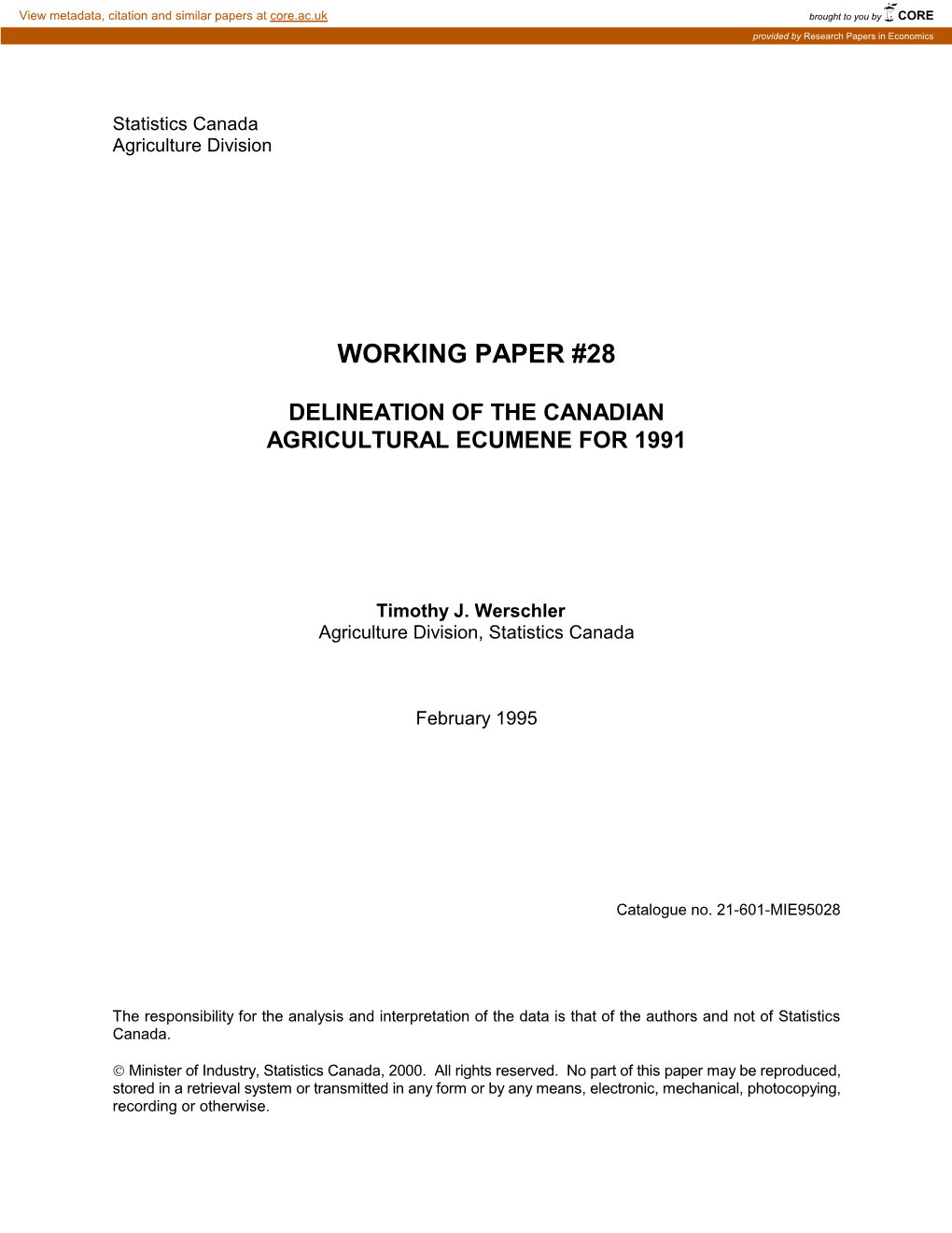 Working Paper #28 Delineation of the Canadian Agricultural