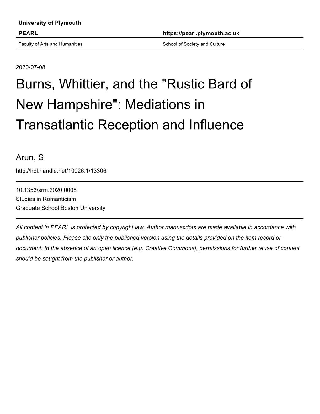 Burns, Whittier, and the “Rustic Bard of New Hampshire”: Mediations in Transatlantic Reception and Influence