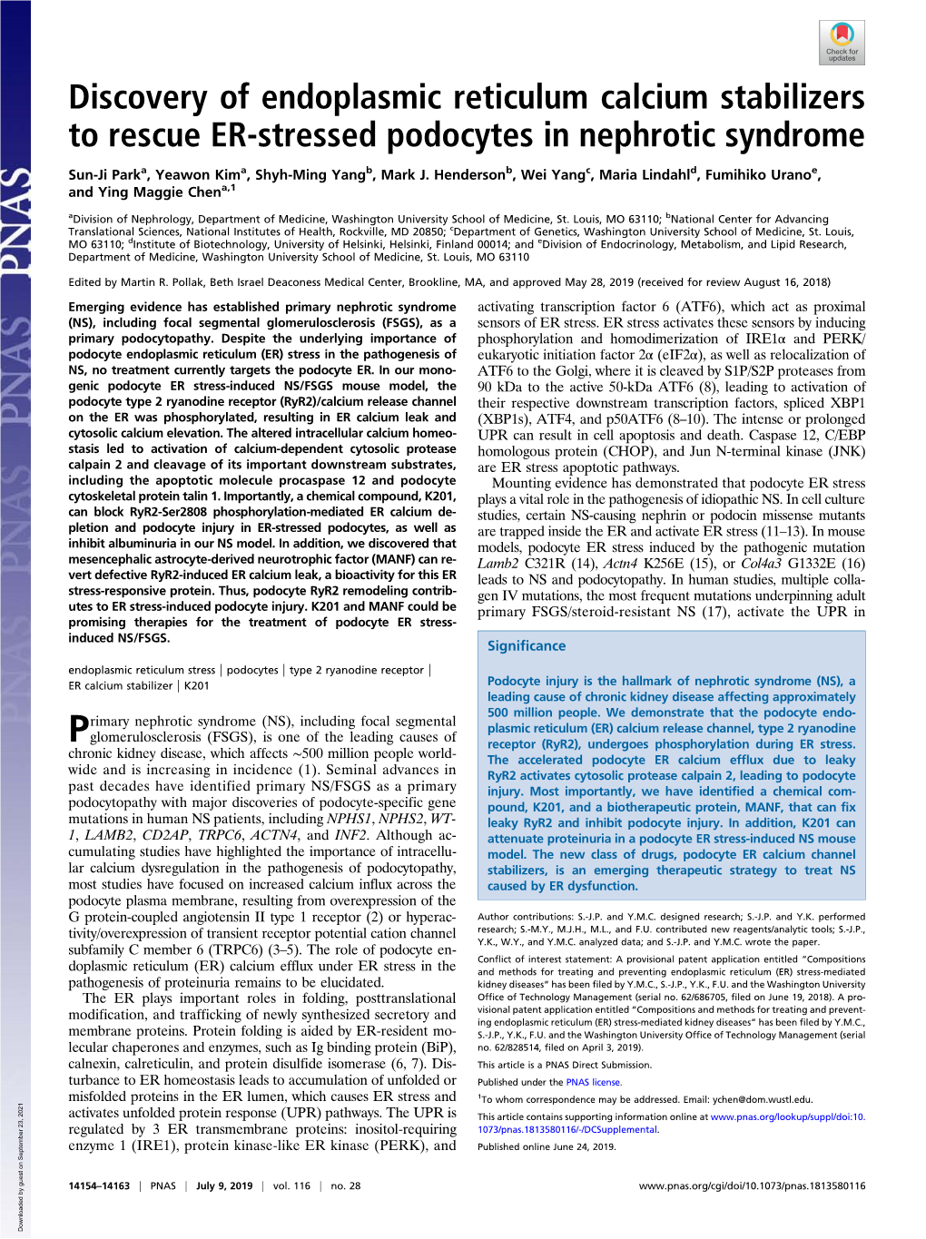 Discovery of Endoplasmic Reticulum Calcium Stabilizers to Rescue ER-Stressed Podocytes in Nephrotic Syndrome