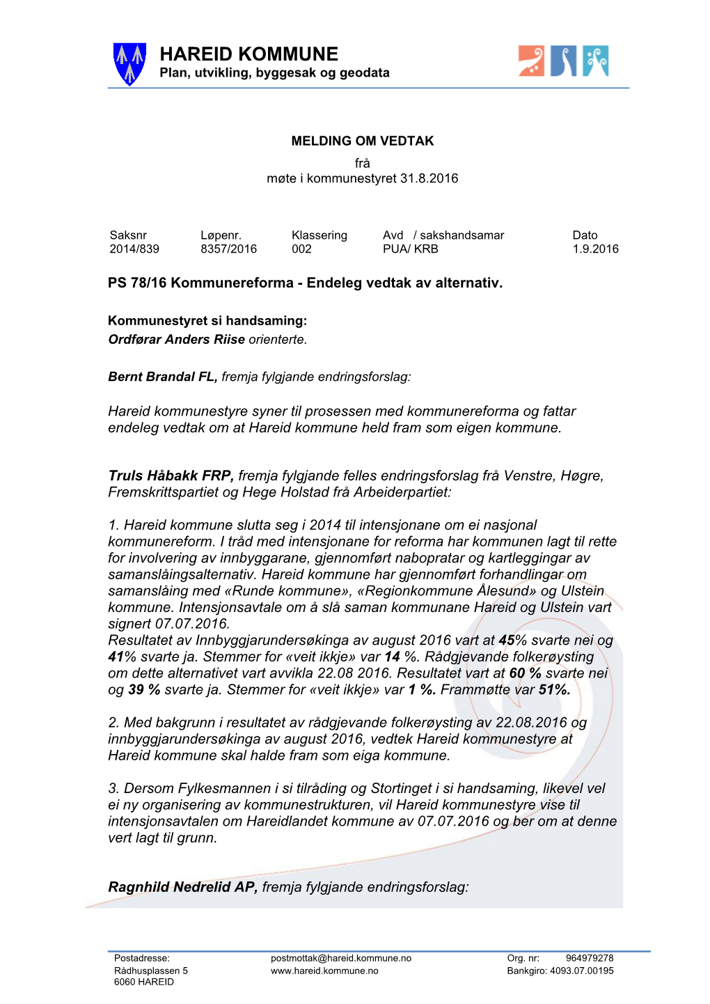 HAREID KOMMUNE Plan, Utvikling, Byggesak Og Geodata