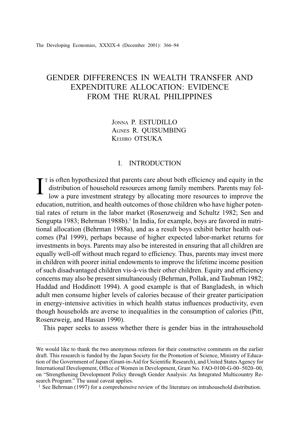 Gender Differences in Wealth Transfer and Expenditure Allocation: Evidence from the Rural Philippines