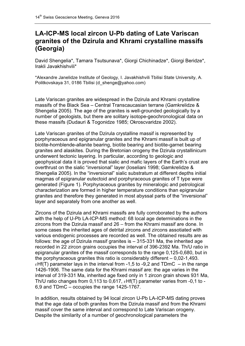 LA-ICP-MS Local Zircon U-Pb Dating of Late Variscan Granites of the Dzirula and Khrami Crystalline Massifs (Georgia)