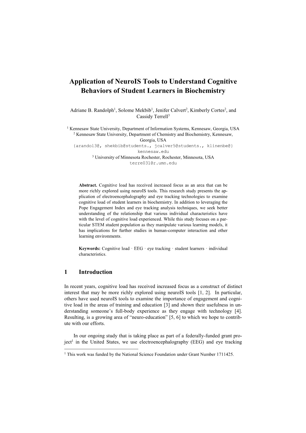 Application of Neurois Tools to Understand Cognitive Behaviors of Student Learners in Biochemistry