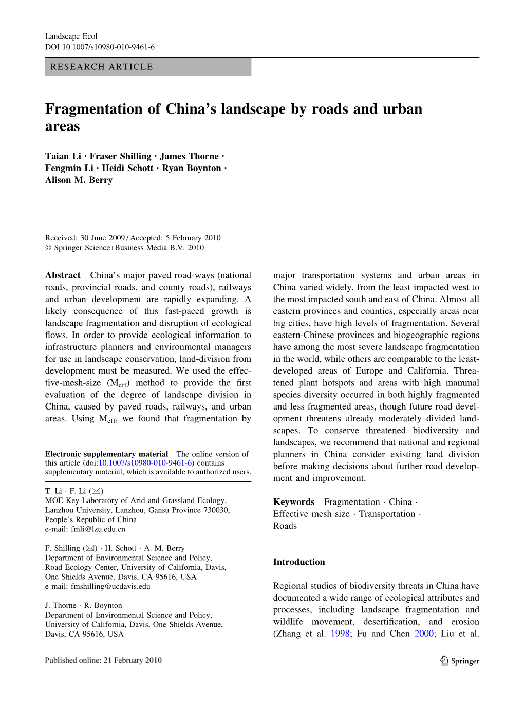 Fragmentation of China's Landscape by Roads and Urban Areas