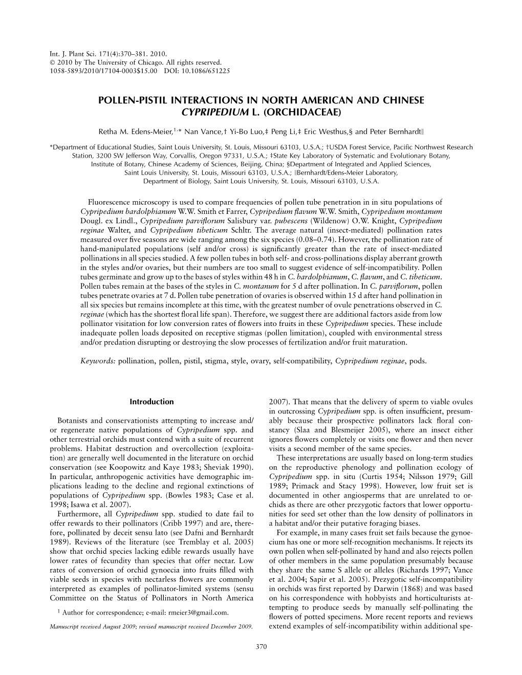 Pollen-Pistil Interactions in North American and Chinese Cypripedium L