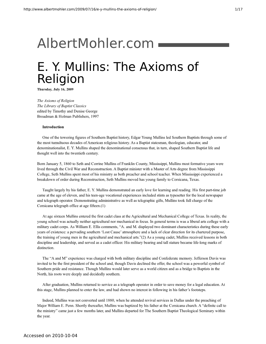 EY Mullins: the Axioms of Religion
