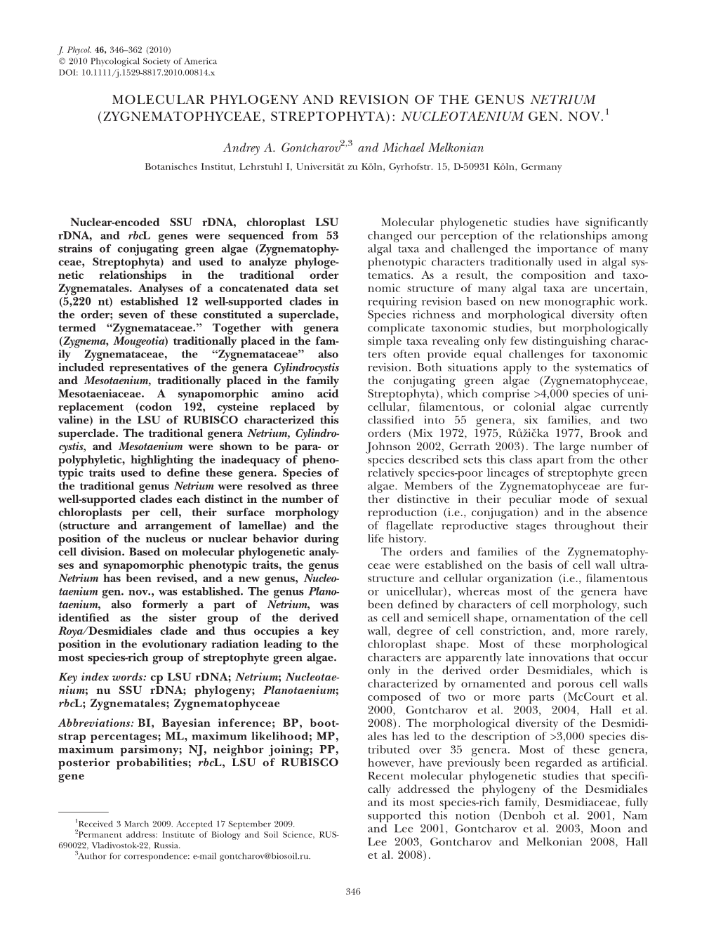 Molecular Phylogeny and Revision of the Genus Netrium (Zygnematophyceae, Streptophyta): Nucleotaenium Gen