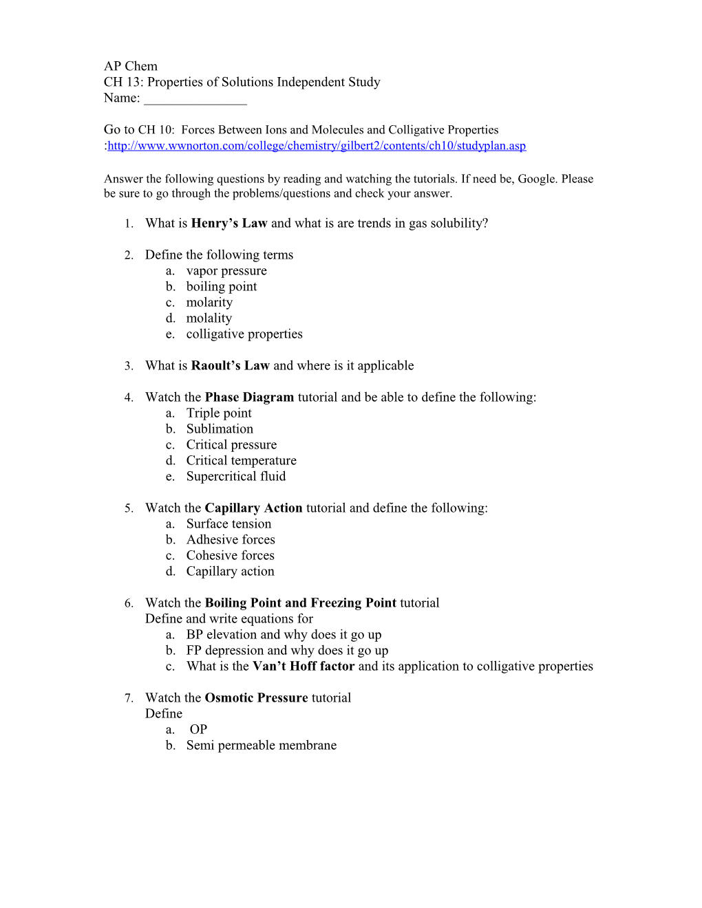 CH 13: Properties of Solutions Independent Study