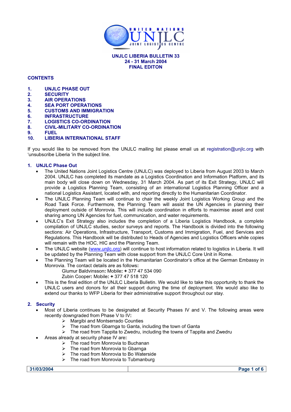 31/03/2004 Page 1 of 6 UNJLC LIBERIA BULLETIN 33