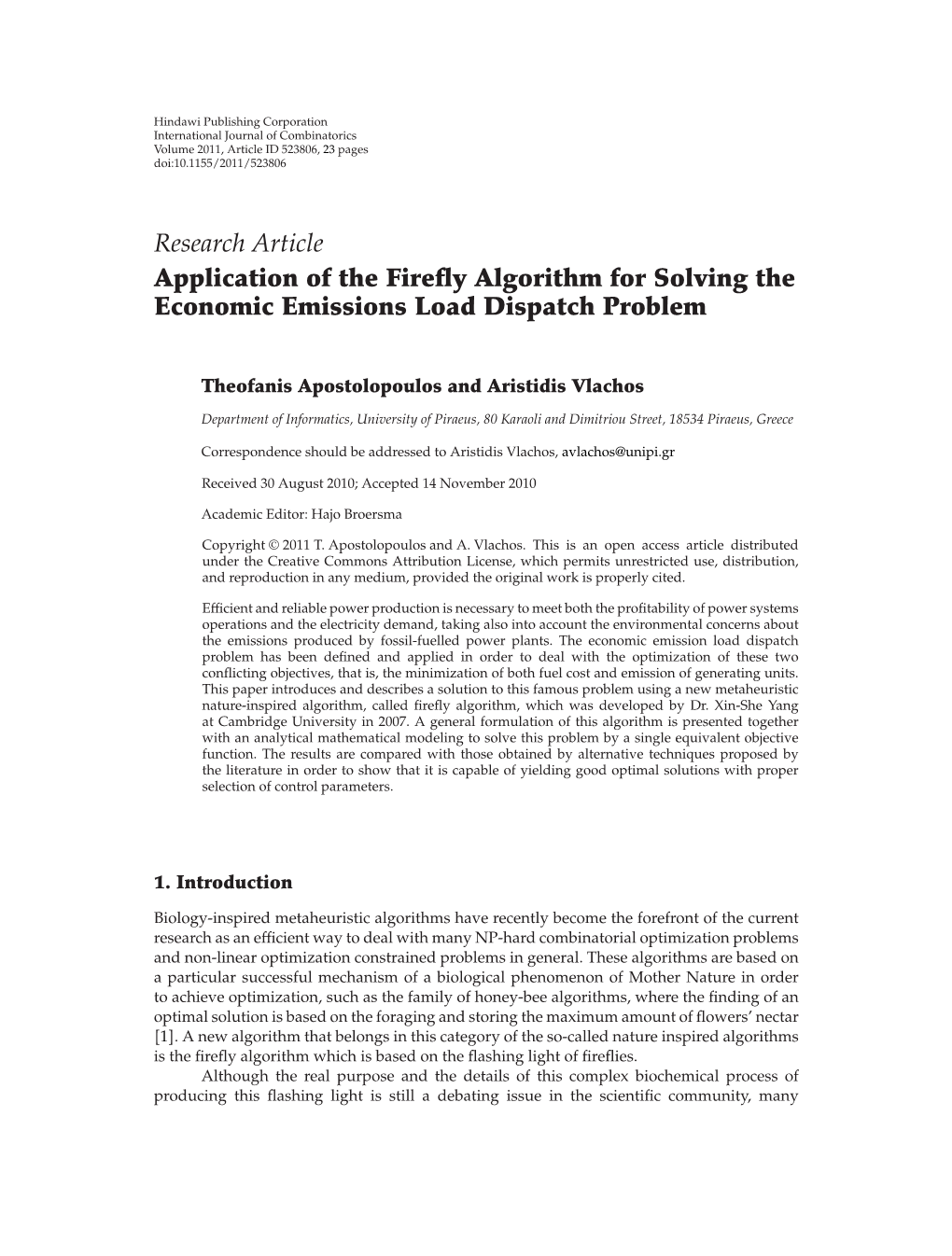 Research Article Application of the Firefly Algorithm for Solving The