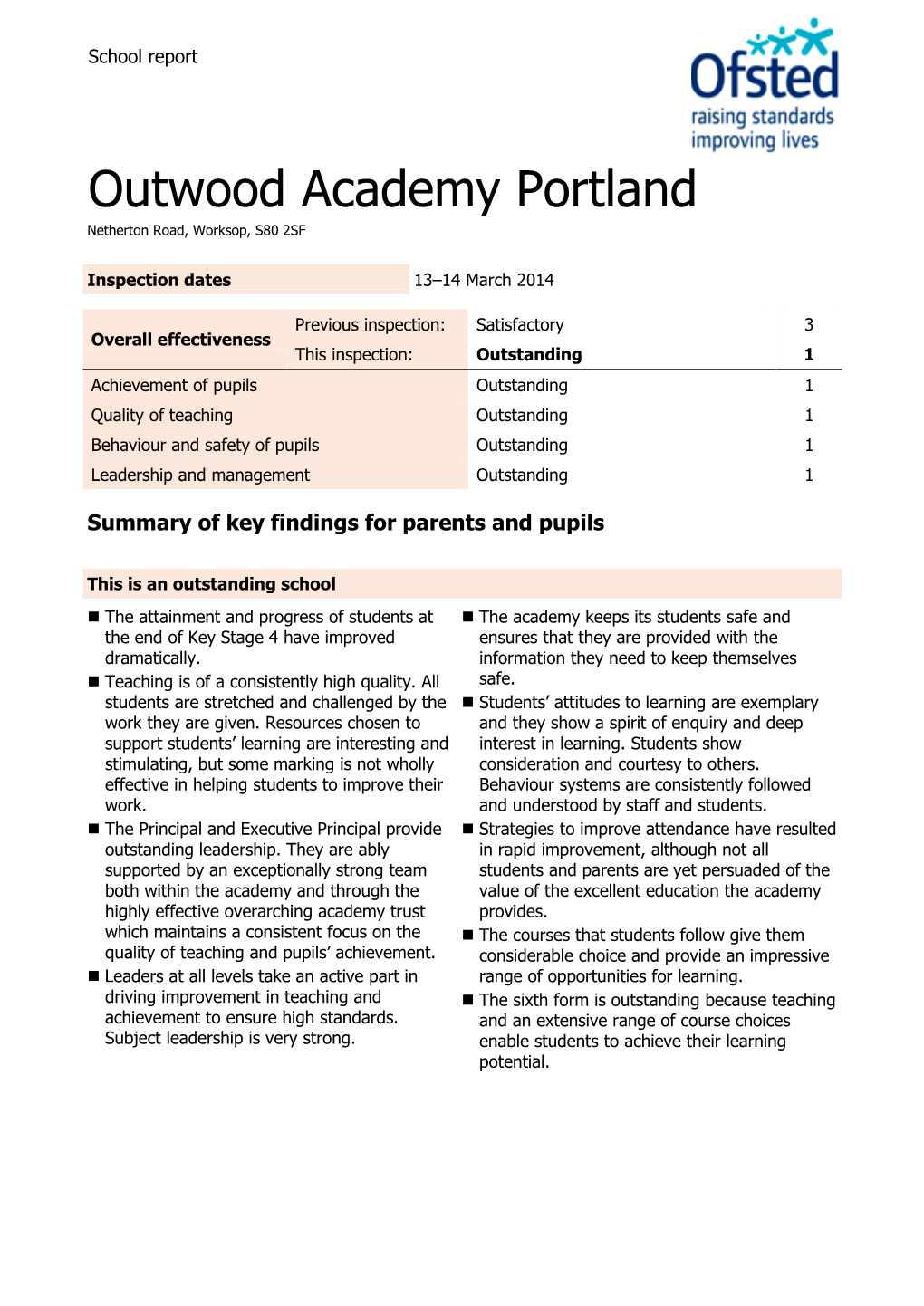 Outwood Academy Portland Netherton Road, Worksop, S80 2SF