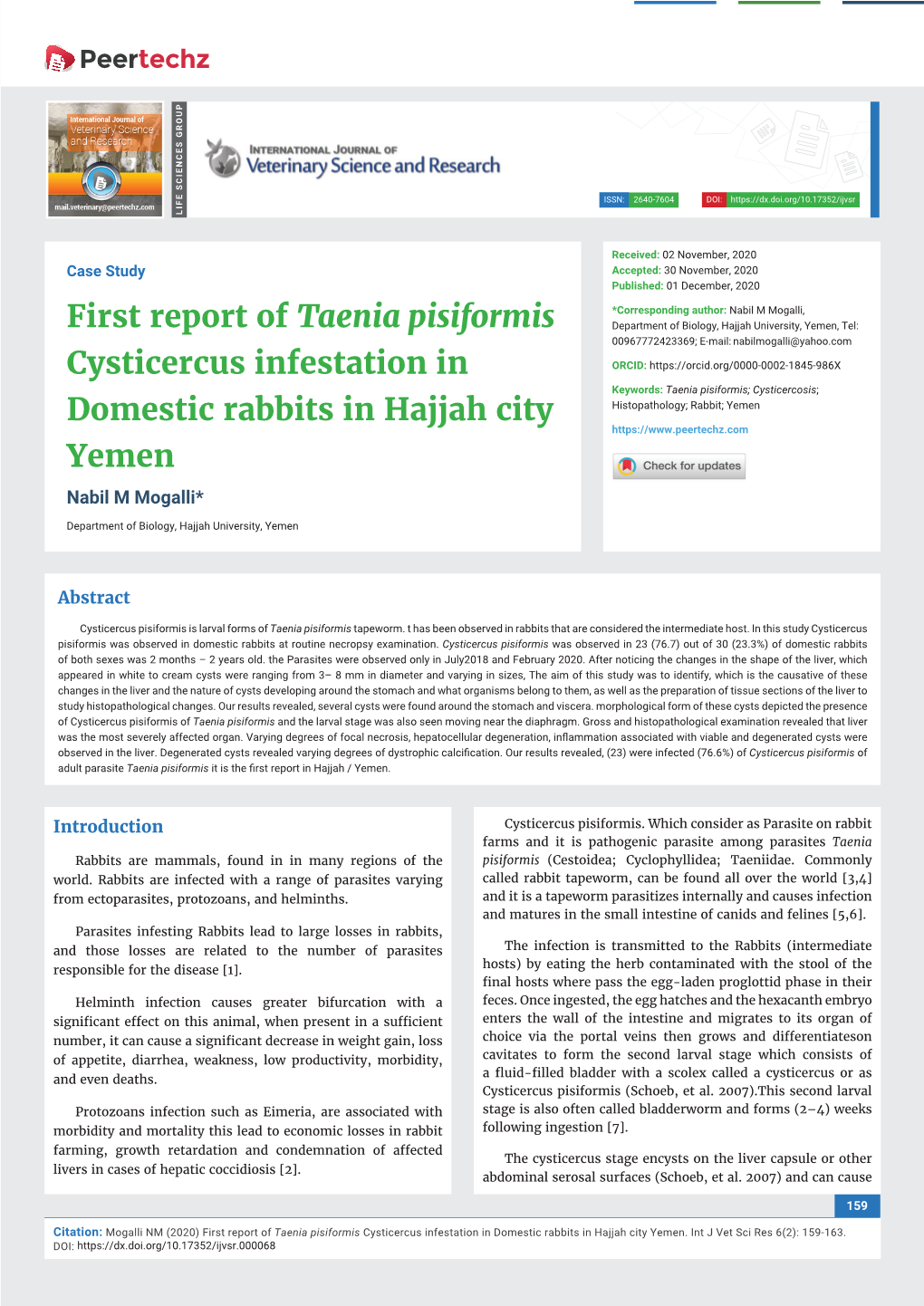 First Report of Taenia Pisiformis Cysticercus Infestation in Domestic Rabbits in Hajjah City Yemen