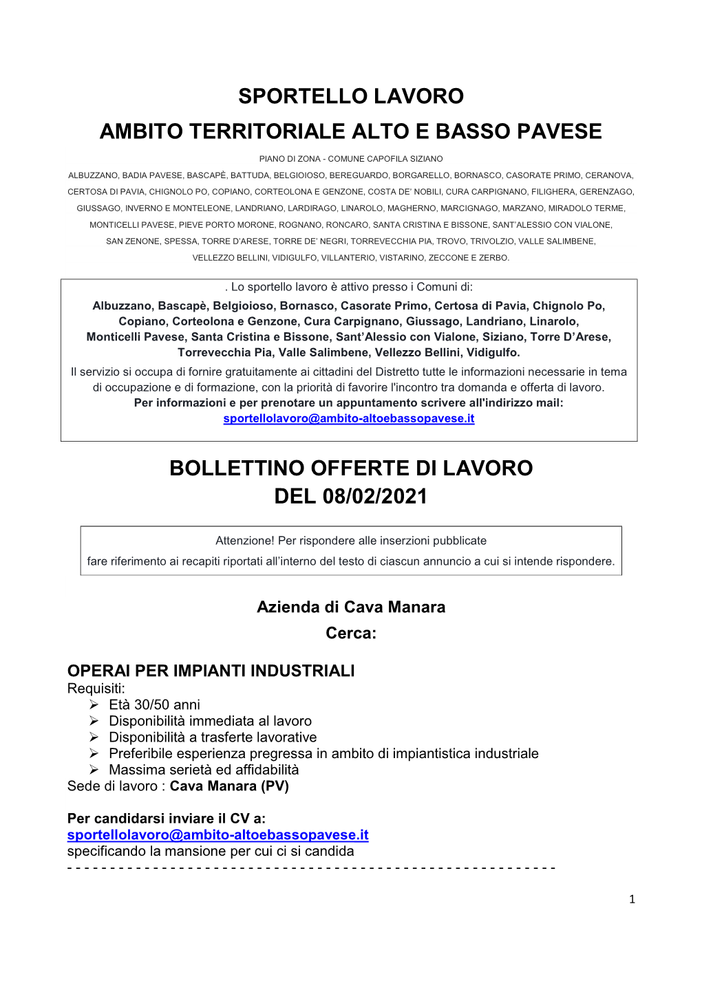 Sportello Lavoro Ambito Territoriale Alto E Basso Pavese Bollettino Offerte Di Lavoro Del 08/02/2021