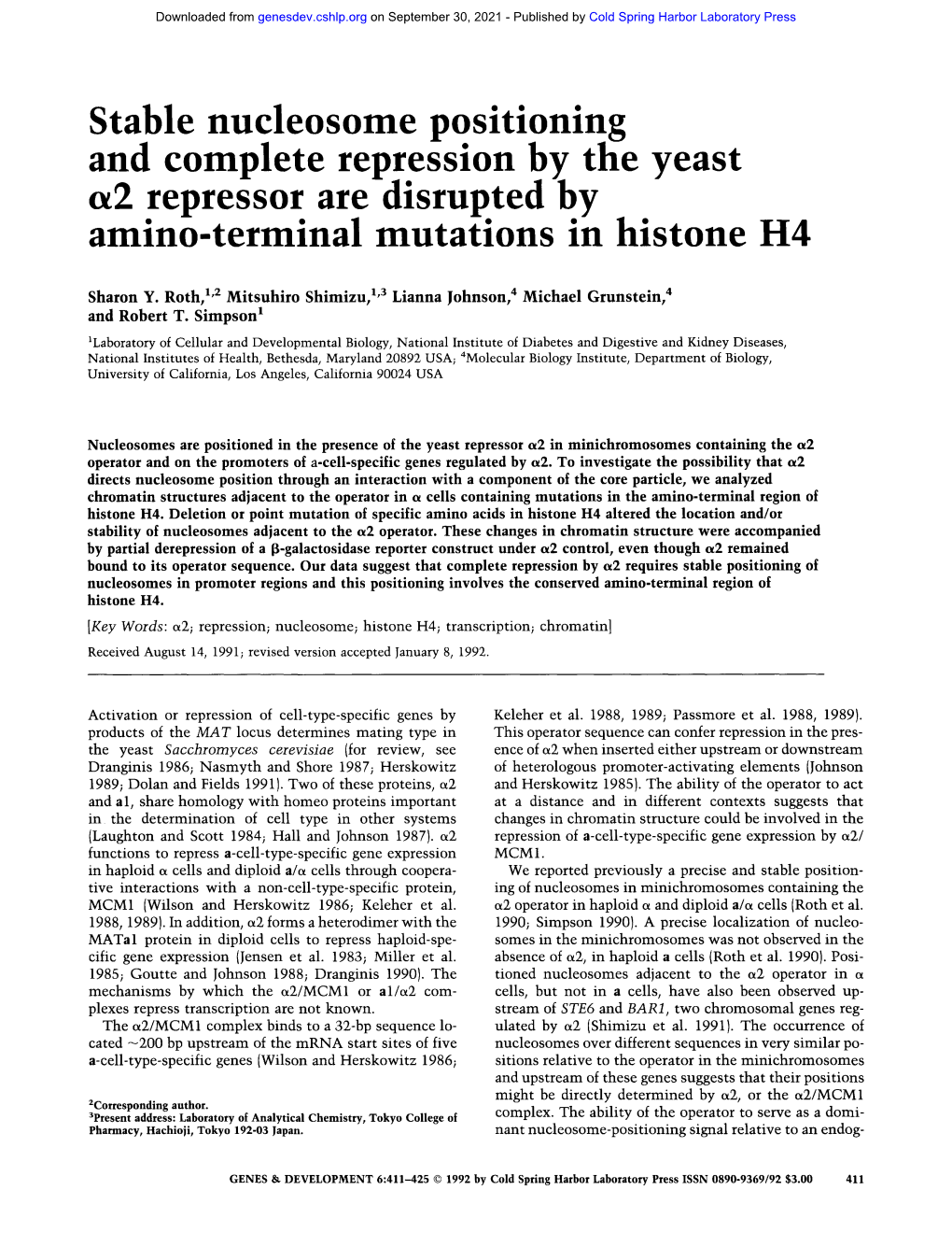 Stable Nucleosome Positioning and Complete Repression by the Yeast Ct2 Repressor Are Disrupted by Amino-Terminal Mutations in Histone H4