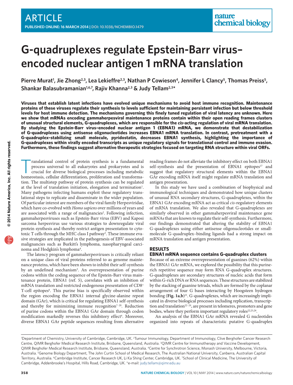 G-Quadruplexes Regulate Epstein-Barr Virus– Encoded Nuclear Antigen 1 Mrna Translation