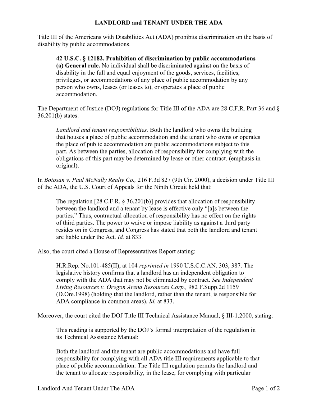 LANDLORD And TENANT UNDER THE ADA