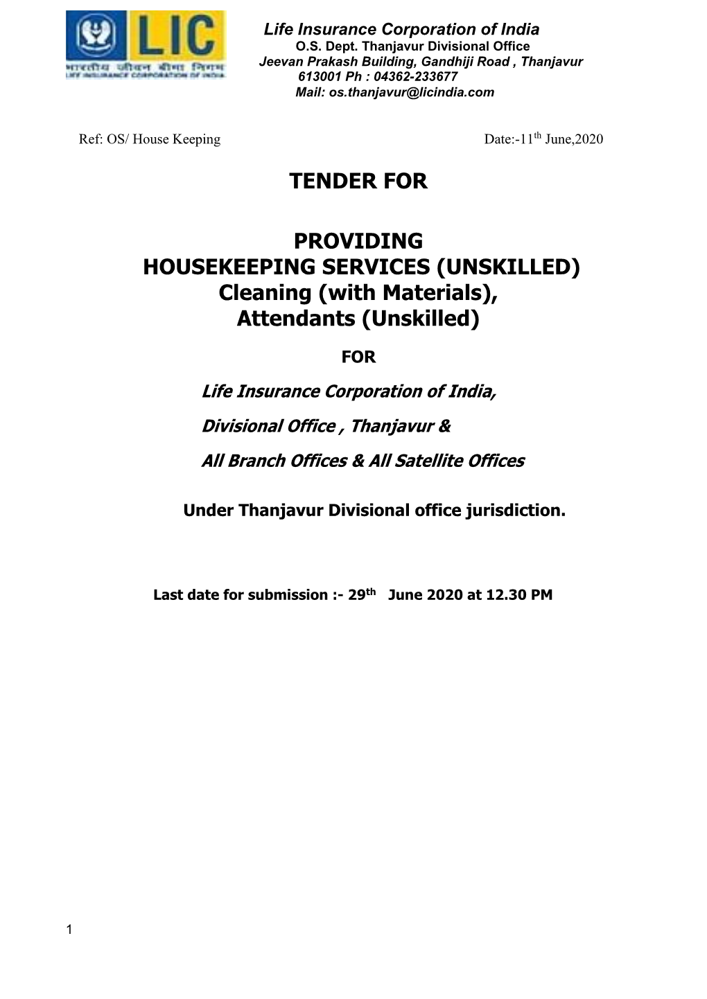 Tender for Providing Housekeeping Services