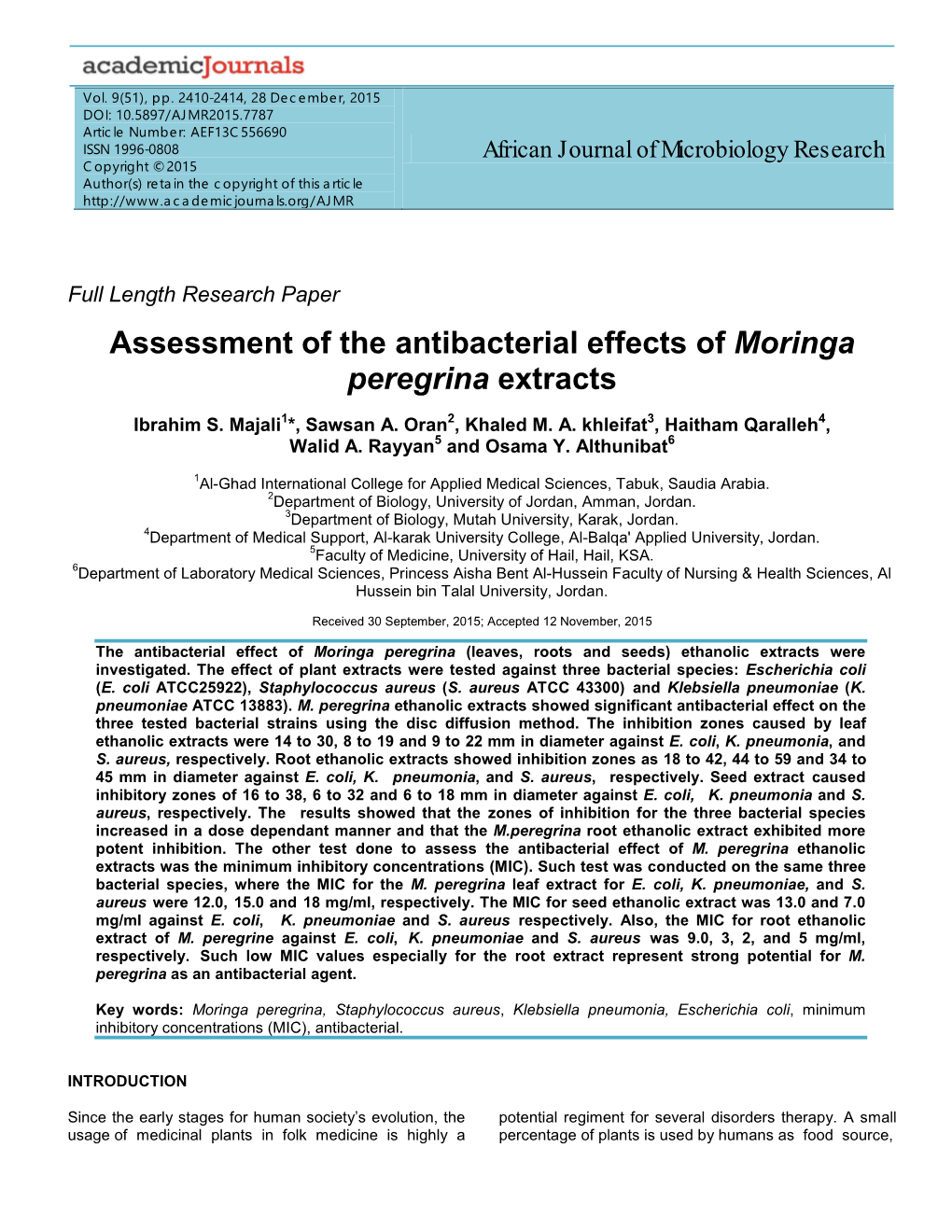 Assessment of the Antibacterial Effects of Moringa Peregrina Extracts